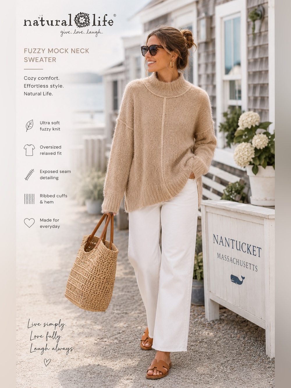 Natural Life Fuzzy Mock Neck Sweater M Beige Tan Oversized Boho Cozy Knit B8